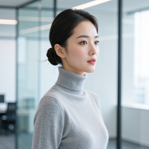 三十岁左右女性头像，穿商务休闲装，棕色毛衣，专业表情，现代办公室背景